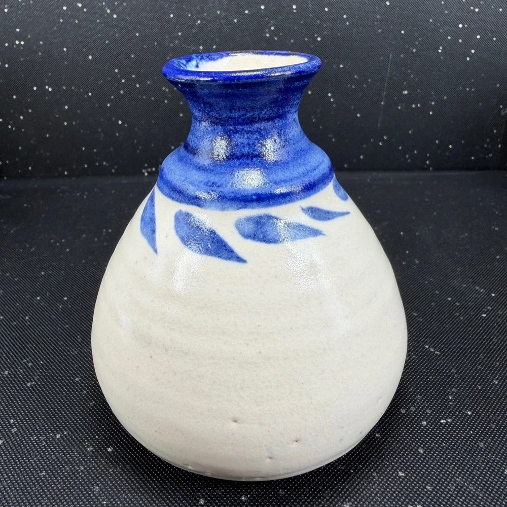 Hagist Studio Pottery Bud Vase Blue White Stoneware Signed 4.5in Small Vessel